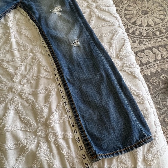 True Religion Big T Straight Flap Red Orange Stitch Distressed Denim Blue Jeans - Picture 16 of 16